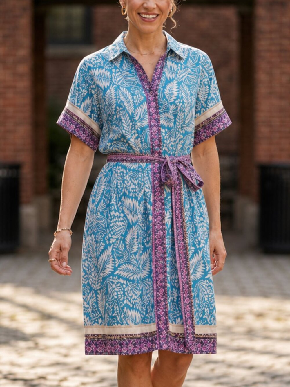Loft Shirtdress Palm Print Collared Tie Waist Short Sleeve Dress Size 8